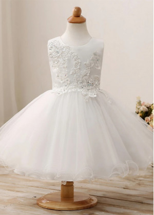 Beaded Ivory Lace Tulle Curly Hem Flower Girl Dress